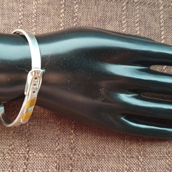 Vintage Mexico TAXCO Solid 925 Silver Tiger’s Eye Inlaid Belt Buckle Bracelet - Picture 13 of 17